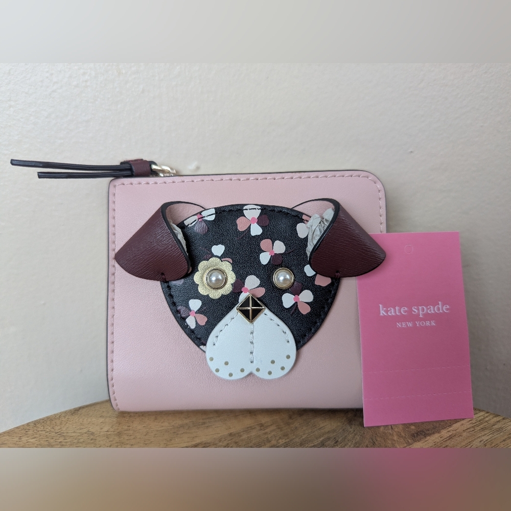 NWT! Kate Spade Small L-zip Bifold Wallet, Floral Pup, Cherrywood (ONE SIZE)